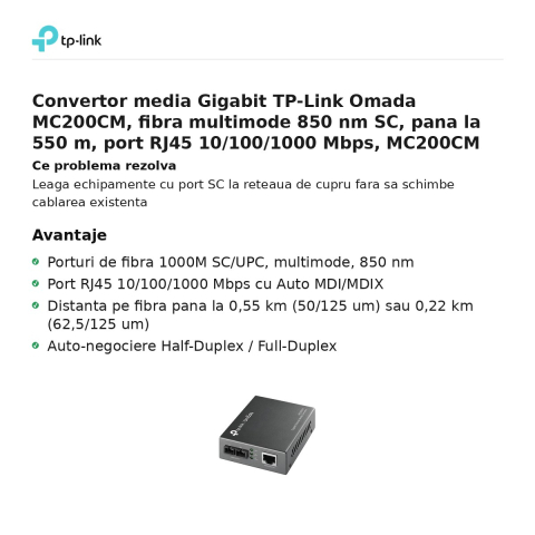 Convertor media Gigabit TP-Link Omada MC200CM, fibra multimode 850 nm SC, pana la 550 m, port RJ45 10/100/1000 Mbps, MC200CM [1]