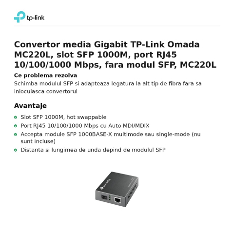Convertor media Gigabit TP-Link Omada MC220L, slot SFP 1000M, port RJ45 10/100/1000 Mbps, fara modul SFP, MC220L [1]