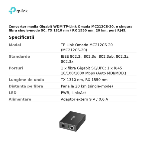 Convertor media Gigabit WDM TP-Link Omada MC212CS-20, o singura fibra single-mode SC, TX 1310 nm / RX 1550 nm, 20 km, port RJ45, MC212CS-20 [2]