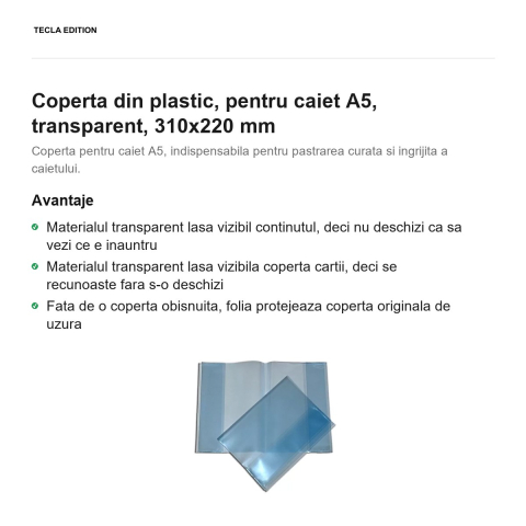 Coperta din plastic, pentru caiet A5, transparent, 310x220 mm [1]
