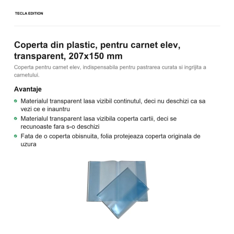 Coperta din plastic, pentru carnet elev, transparent, 207x150 mm [1]