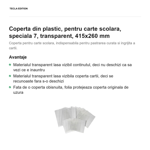 Coperta din plastic, pentru carte scolara, speciala 7, transparent, 415x260 mm [1]