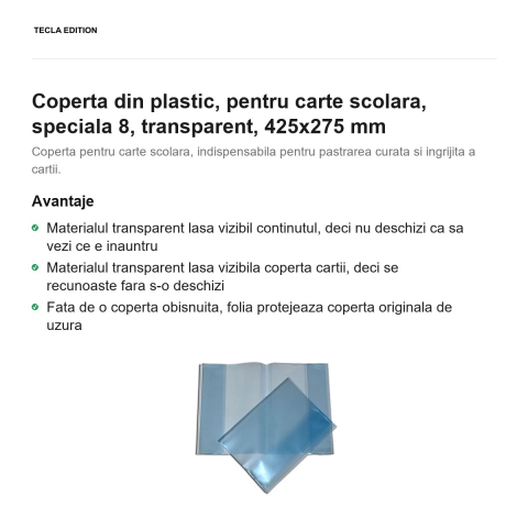 Coperta din plastic, pentru carte scolara, speciala 8, transparent, 425x275 mm [1]
