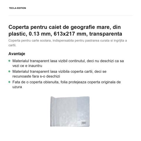 Coperta pentru caiet de geografie mare, din plastic, 0.13 mm, 613x217 mm, transparenta [1]