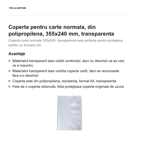 Coperta pentru carte normala, din polipropilena, 355x240 mm, transparenta [1]