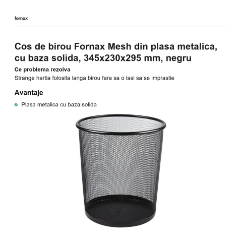 Cos de birou Fornax Mesh din plasa metalica, cu baza solida, 345x230x295 mm, negru [1]