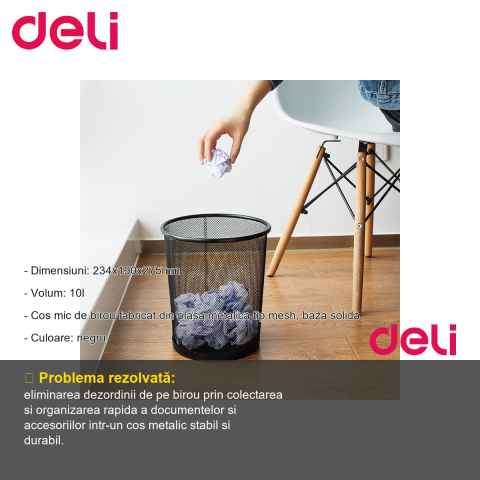 Cos de birou mic Deli, plasa metalica mesh, negru, 10 litri, organizare documente si accesorii [1]