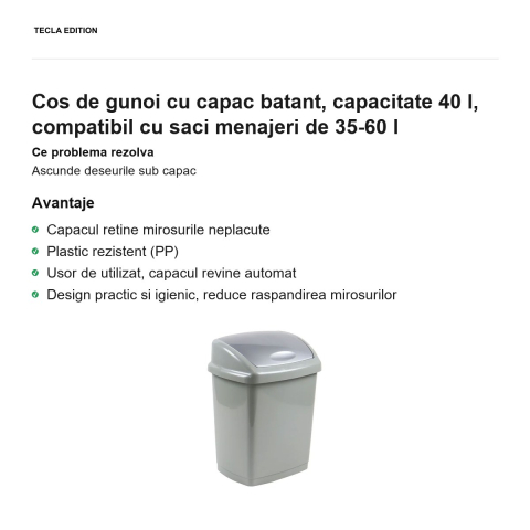 Cos de gunoi cu capac batant, capacitate 40 l, compatibil cu saci menajeri de 35-60 l [1]