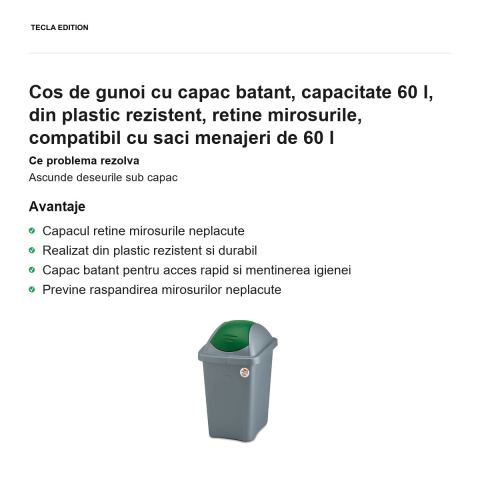 Cos de gunoi cu capac batant, capacitate 60 l, din plastic rezistent, retine mirosurile, compatibil cu saci menajeri de 60 l [1]