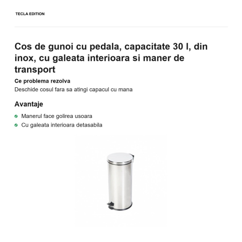 Cos de gunoi cu pedala, capacitate 30 l, din inox, cu galeata interioara si maner de transport [1]