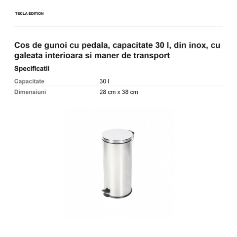 Cos de gunoi cu pedala, capacitate 30 l, din inox, cu galeata interioara si maner de transport [2]