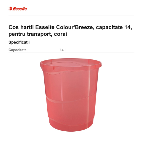 Cos hartii Esselte Colour'Breeze, capacitate 14, pentru transport, corai [2]