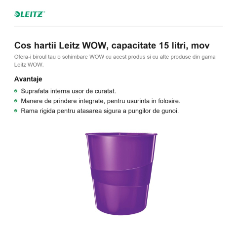 Cos hartii Leitz WOW, capacitate 15 litri, mov [1]