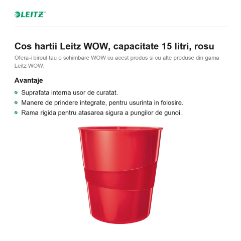 Cos hartii Leitz WOW, capacitate 15 litri, rosu [1]