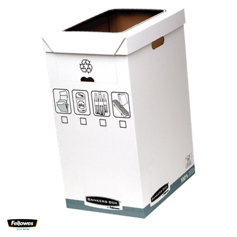 Birotica papetarie - Cos pentru reciclarea deseurilor Fellowes Bankers Box System, din carton reciclat FSC, deschidere laterala si prin capac, cu manere, 60x30x50 cm, gri