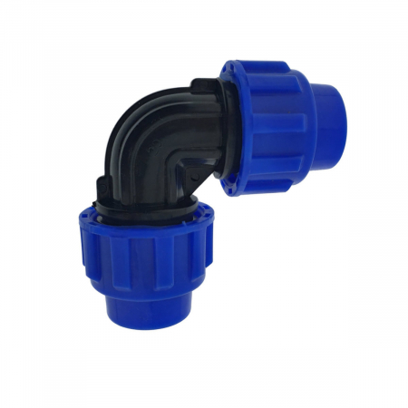 Articole si instalatii sanitare - Cot racord hidraulic PEHD 20mm, conector 90 grade, piulita dubla, presiune 16 bar, pentru apa potabila si irigatii