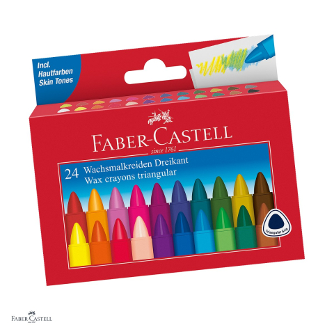 Creioane cerate - Creioane cerate Faber-Castell, cutie de carton cu 24 culori, forma triunghiulara, rezistente la apa