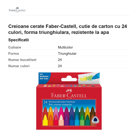 Creioane cerate Faber-Castell, cutie de carton cu 24 culori, forma triunghiulara, rezistente la apa [2]