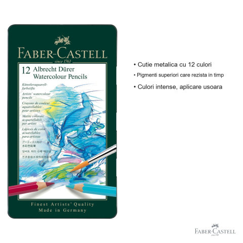 Creioane colorate acuarela Faber-Castell Albrecht Durer, 12 culori, cutie metal [2]