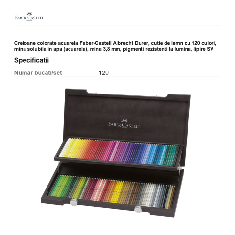 Creioane colorate acuarela Faber-Castell Albrecht Durer, cutie de lemn cu 120 culori, mina solubila in apa (acuarela), mina 3,8 mm, pigmenti rezistenti la lumina, lipire SV [2]