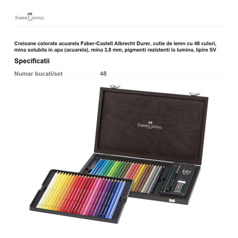 Creioane colorate acuarela Faber-Castell Albrecht Durer, cutie de lemn cu 48 culori, mina solubila in apa (acuarela), mina 3,8 mm, pigmenti rezistenti la lumina, lipire SV [2]