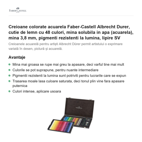 Creioane colorate acuarela Faber-Castell Albrecht Durer, cutie de lemn cu 48 culori, mina solubila in apa (acuarela), mina 3,8 mm, pigmenti rezistenti la lumina, lipire SV [1]