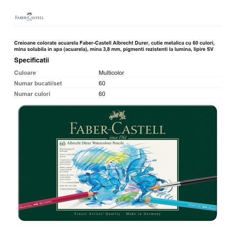 Creioane colorate acuarela Faber-Castell Albrecht Durer, cutie metalica cu 60 culori, mina solubila in apa (acuarela), mina 3,8 mm, pigmenti rezistenti la lumina, lipire SV [2]