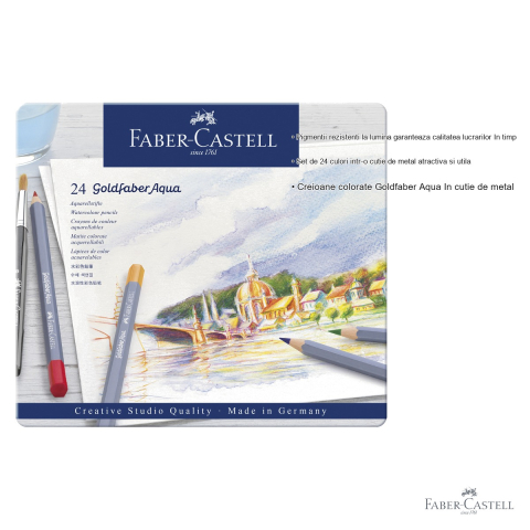 Creioane colorate acuarela Faber-Castell Goldfaber, 24 culori, cutie metalica, pentru tehnici mixte [2]