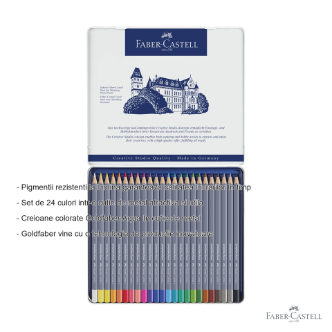 Creioane colorate acuarela Faber-Castell Goldfaber, 24 culori, cutie metalica, pentru tehnici mixte [1]