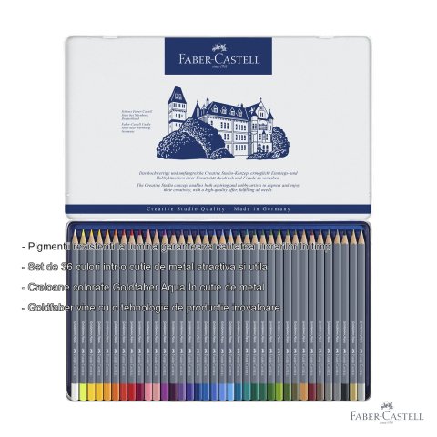 Creioane colorate acuarela Faber-Castell Goldfaber Aqua, 36 culori, cutie metal, pentru tehnici mixte [1]