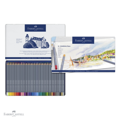 Creioane colorate acuarela Faber-Castell Goldfaber Aqua, 36 culori, cutie metal, pentru tehnici mixte [3]
