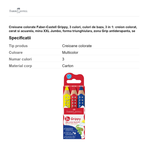 Creioane colorate Faber-Castell Grippy, 3 culori, culori de baza, 3 in 1: creion colorat, cerat si acuarela, mina XXL Jumbo, forma triunghiulara, zona Grip antiderapanta, se spala din textile [2]