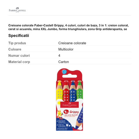 Creioane colorate Faber-Castell Grippy, 4 culori, culori de baza, 3 in 1: creion colorat, cerat si acuarela, mina XXL Jumbo, forma triunghiulara, zona Grip antiderapanta, se spala din textile [2]