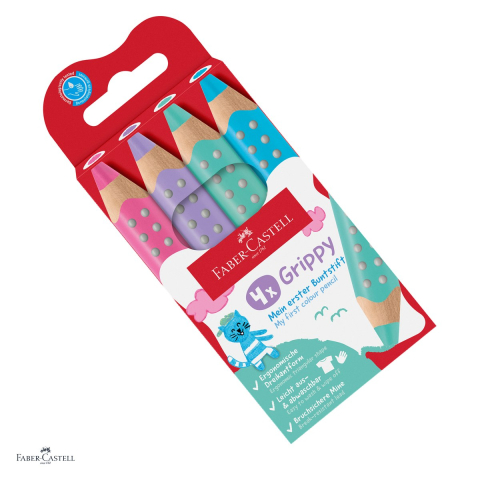 Creioane colorate - Creioane colorate Faber-Castell Grippy, set cu 4 culori, 3 in 1: creion colorat, cerat si acuarela, mina XXL Jumbo, pentru copii de la 2 ani, forma triunghiulara, zona Grip antiderapanta, pastel