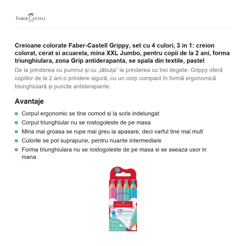 Creioane colorate Faber-Castell Grippy, set cu 4 culori, 3 in 1: creion colorat, cerat si acuarela, mina XXL Jumbo, pentru copii de la 2 ani, forma triunghiulara, zona Grip antiderapanta, pastel [1]