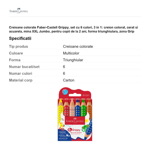 Creioane colorate Faber-Castell Grippy, set cu 6 culori, 3 in 1: creion colorat, cerat si acuarela, mina XXL Jumbo, pentru copii de la 2 ani, forma triunghiulara, zona Grip antiderapanta [2]