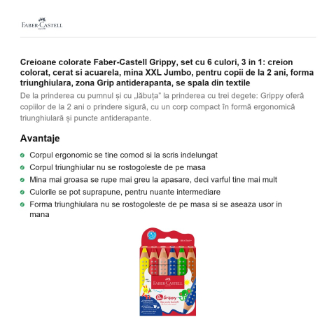 Creioane colorate Faber-Castell Grippy, set cu 6 culori, 3 in 1: creion colorat, cerat si acuarela, mina XXL Jumbo, pentru copii de la 2 ani, forma triunghiulara, zona Grip antiderapanta [1]