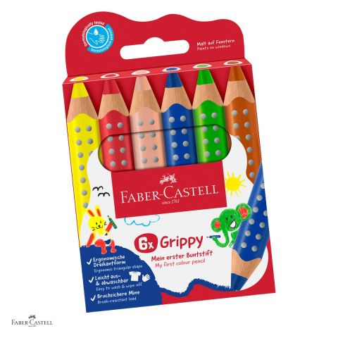 Creioane colorate - Creioane colorate Faber-Castell Grippy, set cu 6 culori, 3 in 1: creion colorat, cerat si acuarela, mina XXL Jumbo, pentru copii de la 2 ani, forma triunghiulara, zona Grip antiderapanta