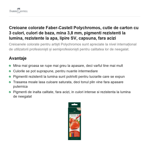 Creioane colorate Faber-Castell Polychromos, cutie de carton cu 3 culori, culori de baza, mina 3,8 mm, pigmenti rezistenti la lumina, rezistente la apa, lipire SV, capsuna, fara acizi [1]