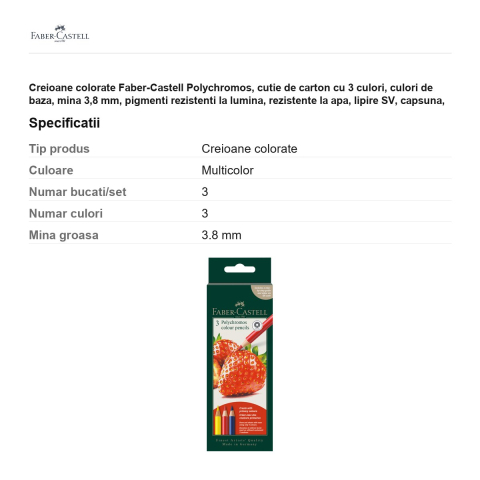 Creioane colorate Faber-Castell Polychromos, cutie de carton cu 3 culori, culori de baza, mina 3,8 mm, pigmenti rezistenti la lumina, rezistente la apa, lipire SV, capsuna, fara acizi [2]