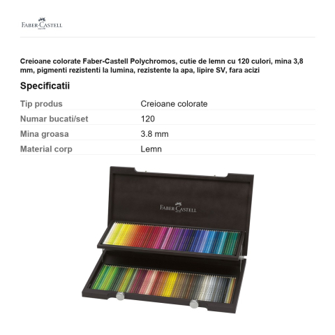 Creioane colorate Faber-Castell Polychromos, cutie de lemn cu 120 culori, mina 3,8 mm, pigmenti rezistenti la lumina, rezistente la apa, lipire SV, fara acizi [2]