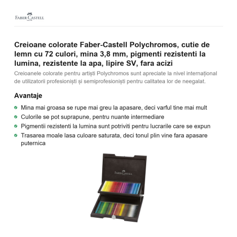 Creioane colorate Faber-Castell Polychromos, cutie de lemn cu 72 culori, mina 3,8 mm, pigmenti rezistenti la lumina, rezistente la apa, lipire SV, fara acizi [1]