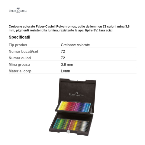 Creioane colorate Faber-Castell Polychromos, cutie de lemn cu 72 culori, mina 3,8 mm, pigmenti rezistenti la lumina, rezistente la apa, lipire SV, fara acizi [2]