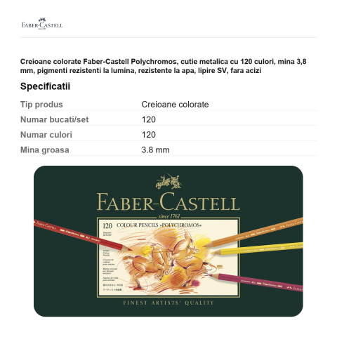 Creioane colorate Faber-Castell Polychromos, cutie metalica cu 120 culori, mina 3,8 mm, pigmenti rezistenti la lumina, rezistente la apa, lipire SV, fara acizi [2]