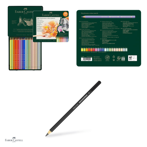 Creioane colorate Faber-Castell Polychromos, cutie metalica cu 20 culori, mina 3,8 mm, pigmenti rezistenti la lumina, rezistente la apa, lipire SV, fara acizi [3]