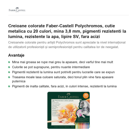 Creioane colorate Faber-Castell Polychromos, cutie metalica cu 20 culori, mina 3,8 mm, pigmenti rezistenti la lumina, rezistente la apa, lipire SV, fara acizi [1]