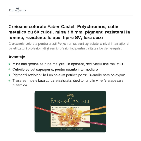 Creioane colorate Faber-Castell Polychromos, cutie metalica cu 60 culori, mina 3,8 mm, pigmenti rezistenti la lumina, rezistente la apa, lipire SV, fara acizi [1]