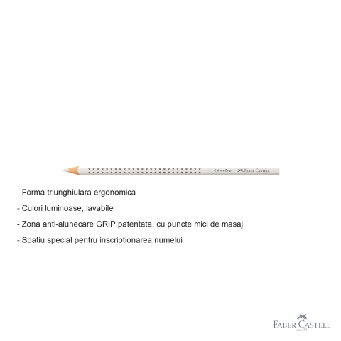 Creion colorat alb Faber-Castell Grip, forma triunghiulara ergonomica, pentru copii [1]