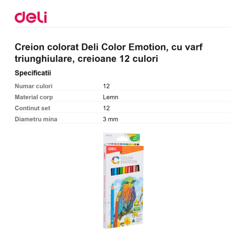 Creion colorat Deli Color Emotion, cu varf triunghiulare, creioane 12 culori [2]