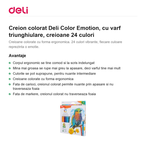Creion colorat Deli Color Emotion, cu varf triunghiulare, creioane 24 culori [1]